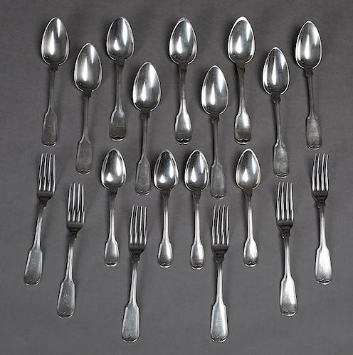 Group of Nineteen Pieces of Fiddlethread Sterling Silver, 19th c., New Orleans, consisting of six soup spoons and six forks, 