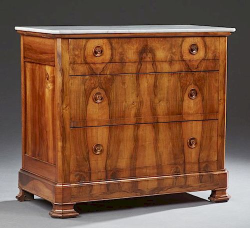 French Louis Philippe Marble Top Canted Corner Walnut Commode, 19th c., the highly figured white marble over a frieze drawer 