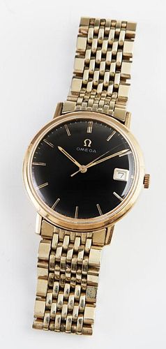 Man's Omega Calendar Wristwatch, with a black face, on a stainless steel link band. Provenance: The Estate of Dr. Charles ?To