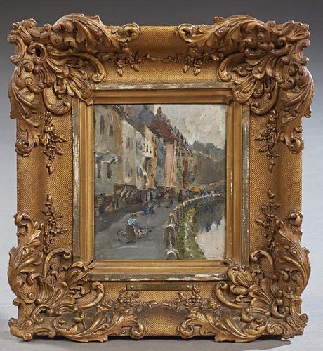 Attr. to Dorothea Sharp (1874-1955), "Coastal Town," 20th c., oil on panel, presented in a gilt and gesso frame, H.- 6 1/2 in