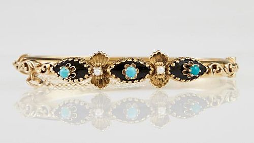 Victorian Style 14K Yellow Gold Hinged Bangle Bracelet, 20th c., mounted with black onyx, seed pearls, and cabochon Persian t