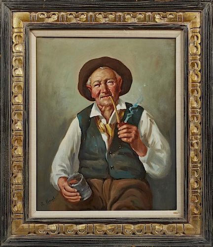A. Borghi, "Peasant with Pipe and Glass," 20th c., oil on canvas, signed lower left, presented in a carved ebonized and giltw