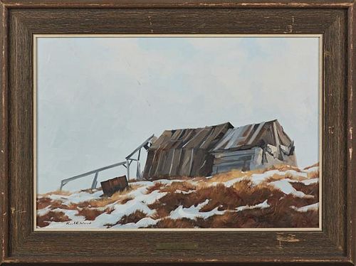 Karl E. Wood, (1944- , Canadian), "Oil Drum Stokes Point," 20th c., oil on panel, signed lower left, presented in a rustic re