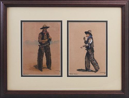 J.M. Farquhar, "Dakota Dick" and "Honey Wiggin," 1929, pair of cowboy watercolors, each titled lower left, signed and dated l
