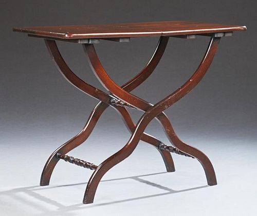 Georgian Style Carved Mahogany Coaching Table, early 20th c., on shaped X-form supports, joined by turned stretchers, H.- 28 
