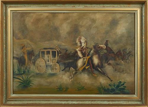 American School, "Native Americans Attacking a Stagecoach," 20th c., oil on tin, presented in a gilt and polychrome frame, H.