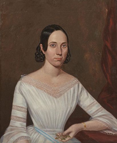 Louisiana School, "Portrait of a Woman with Flowers in Her Hand," early 19th c., oil on canvas, unframed, verso marked in cha