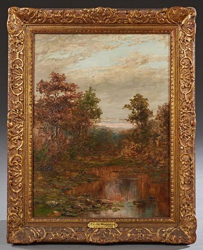 Attributed to William Morris Hunt (1824-1879), "Trees Surrounding a Pond," 19th c., oil on canvas, signed lower right, presented in