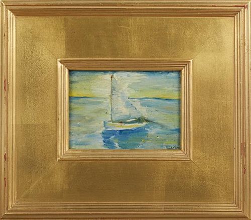 G. O. Lyon, "Sailboat," 20th c., oil on board, signed lower right, presented in a wide gilt frame, H.- 4 1/2 in., W.- 6 3/8 i