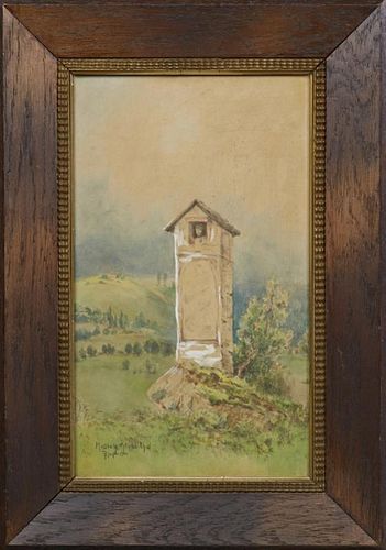 Continental School, "Medratz Stubiathal, Tower," 20th c., watercolor, signed indistinctly and titled lower left, presented in