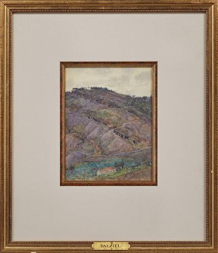 Attr. to Edward Dalziel (1849-1888), "House in the Hills," 19th c., watercolor, presented in a gilt frame with a beaded liner