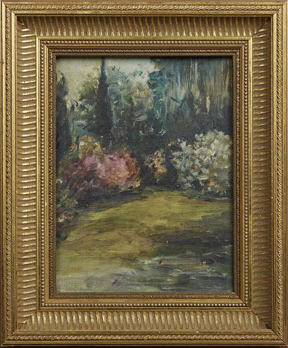 William Woodward (1859-1939, New Orleans), "William Woodward's Garden, Biloxi, Mississippi," 1888, oil on board, unsigned, in