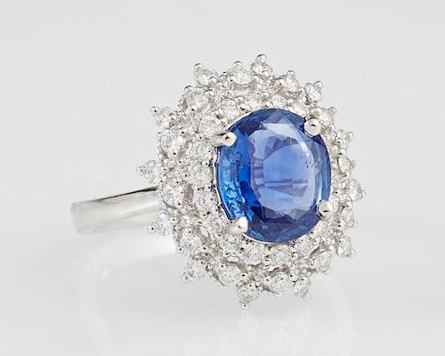 Lady's Platinum Dinner Ring, with an oval 3.13 carat blue sapphire, atop a double concentric graduated border of round diamon