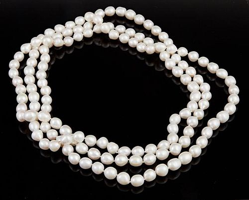 Opera Length Strand of Baroque White Cultured Pearls, individually knotted, L.- 72 in.