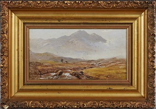 J. Stanley, Probably John Mix Stanley (1807-1872), "Landscape with Children and Dog in Mountains," 1872, oil on canvas laid t
