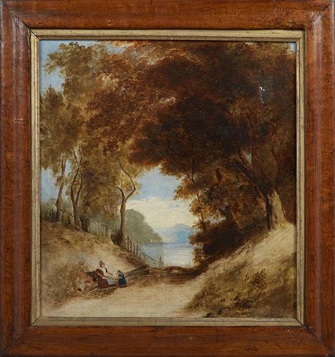 Continental School, "Landscape with Woman and Child," 19th c., oil on board, presented in a walnut frame, H.- 12 3/4 in., W.-