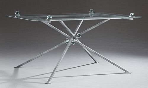 Unusual Modern Steel and Glass Dining Table, 20th c., the rounded corner glass top flanked by four round orbs, on a crossed b