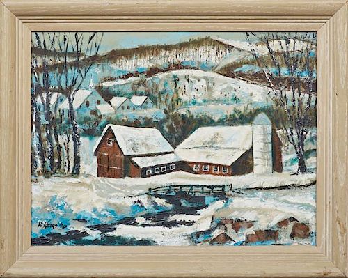 Ralph Hayes, "New England Winter," 1970, oil on board, signed and dated lower right, and verso, presented in a pickled wood f