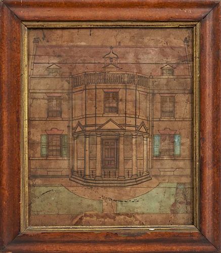 Irish School, "Architectural Drawing of a House," early 20th c., ink and watercolor, presented in a 19th c. walnut frame with