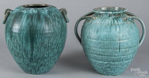 Two contemporary turquoise glazed pottery jardinières, 13'' h. and 13 1/2'' h.