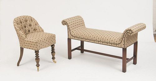VICTORIAN STYLE BEECHWOOD SLIPPER CHAIR AND A GEORGE III STYLE MAHOGANY WINDOW BENCH