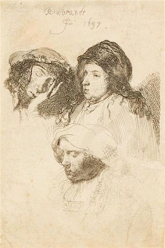 Rembrandt van Rijn, (Dutch, 1606-1669), Three Heads of Women, one asleep, 1637