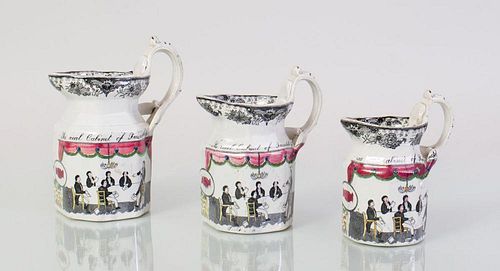 THREE ENGLISH TRANSFER-PRINTED AND ENRICHED IRONSTONE GRADUATED OCTAGONAL JUGS