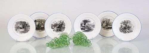 SIX SMALL SARREGUEMINES CREAMWARE PLATES TRANSFER-PRINTED WITH MONTHS OF THE YEAR AND TWO ITALIAN GLASS GRAPE CLUSTERS