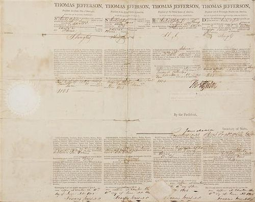 JEFFERSON, THOMAS. Document signed (Th. Jefferson), as president, 1805. Countersigned by James Madison. 4-language ship passport