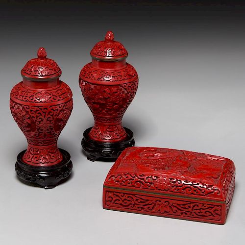 Finely carved cinnabar lacquer box and vases