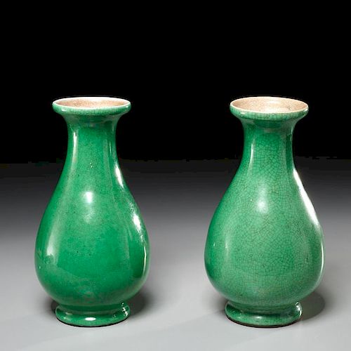 Pair Chinese apple-green crackle glazed vases