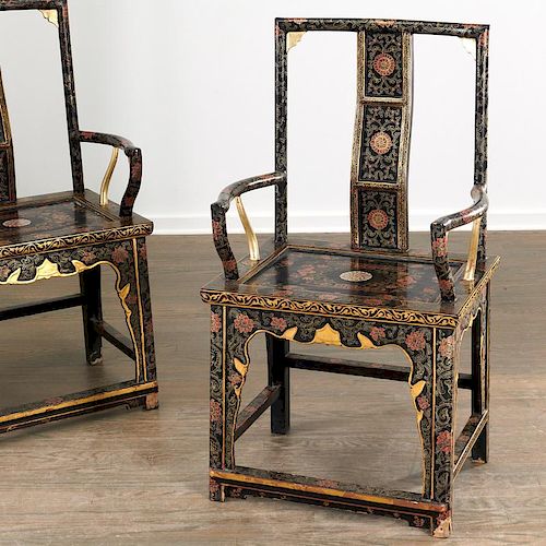 Pair Chinese gilt black lacquer yokeback armchairs
