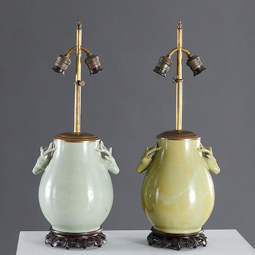 (2) Chinese celadon deer lug vase lamps