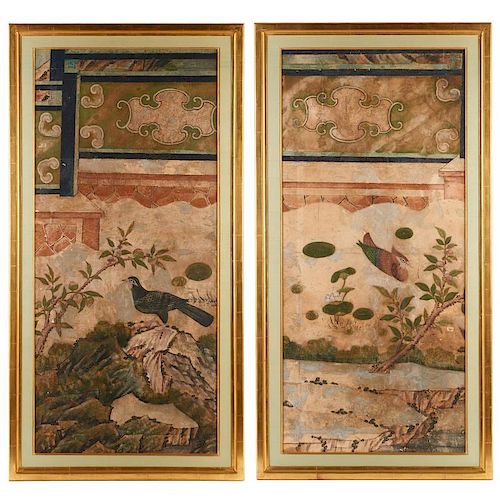 (2) antique Asian hand-painted wallpaper panels
