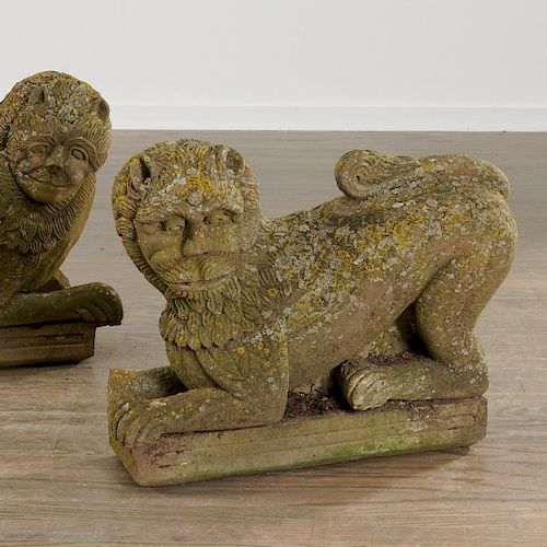 Pair antique carved limestone lion guardians