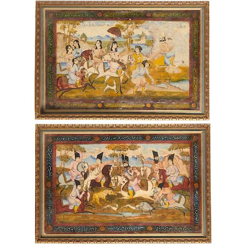(2) Persian hunt scene paintings