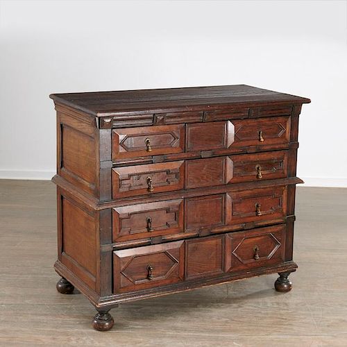 Jacobean style paneled oak chest of drawers