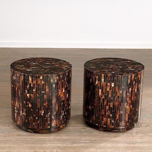 Pair Enrique Garcel tessellated horn drum tables