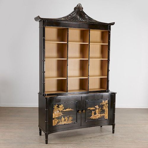 Regency style Chinoiserie lacquer bookcase cabinet