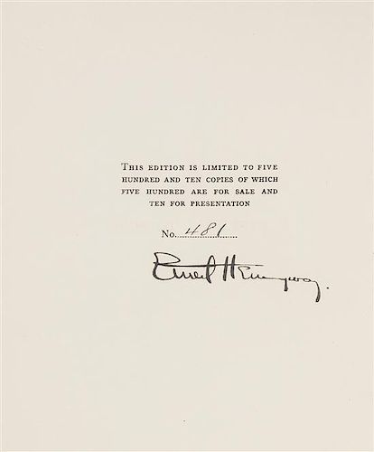 HEMINGWAY, ERNEST. A Farewell to Arms. New York, 1929. First edition, signed limited issue.
