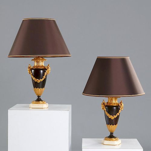 Pair Louis XVI style bronze urn lamps