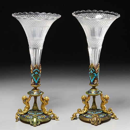 Pair Napoleon III champleve enamel and glass vases