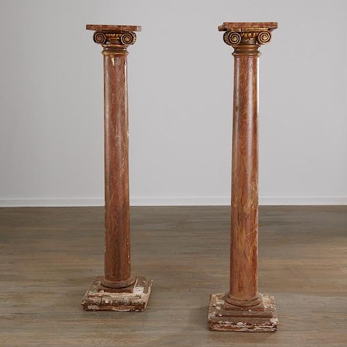 Pair marbleized Ionic column pedestals