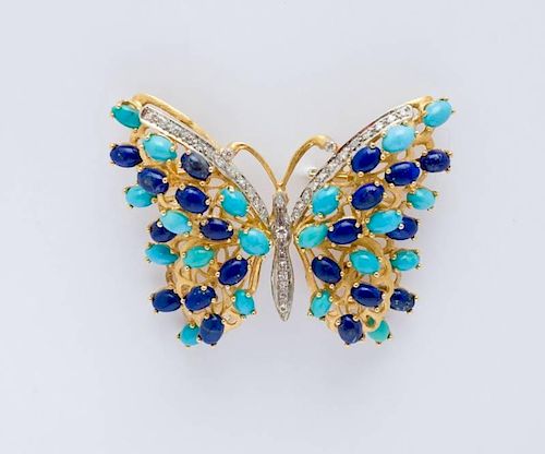 14K YELLOW GOLD, DIAMOND, TURQUOISE AND LAPIS LAZULI BUTTERFLY FORM BROOCH