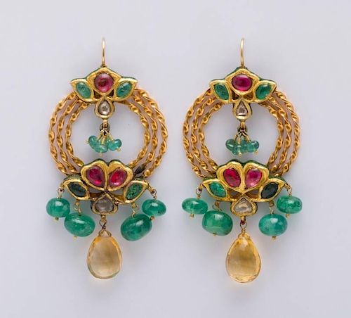 PAIR OF INDIAN MOGHUL 14K GOLD AND GILT-METAL, EMERALD, RED SPINEL, DIAMOND AND CITRINE QUARTZ DROP EARRINGS