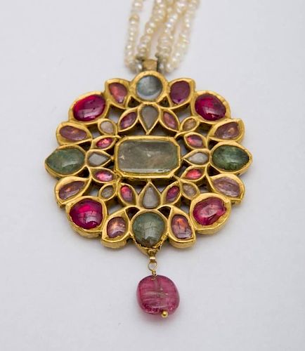 INDIAN MOGHUL GILT-METAL, RUBY, EMERALD, MOONSTONE, PINK TOURMALINE, SEED PEARL AND ENAMEL NECKLACE