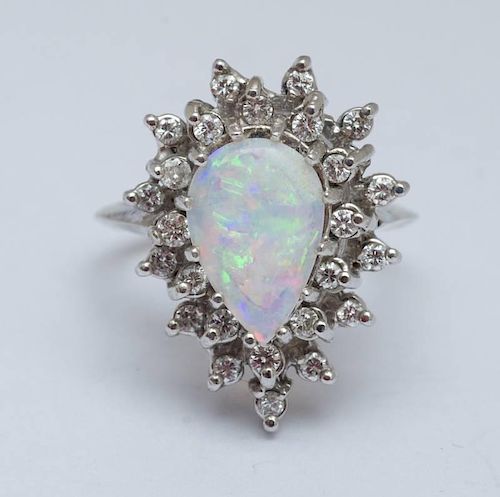14K WHITE GOLD OPAL AND DIAMOND CLUSTER RING