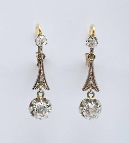 PAIR OF FRENCH PLATINUM TOPPED 18K YELLOW GOLD AND DIAMOND PENDANT EARRINGS