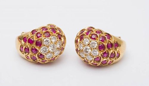 PAIR OF SALAVETTI 18K YELLOW GOLD, DIAMOND AND RUBY EARRINGS
