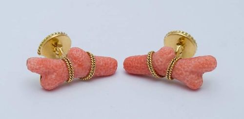 PAIR OF MISH NEW YORK 18K YELLOW GOLD AND FREEFORM CORAL BRANCH CUFFLINKS